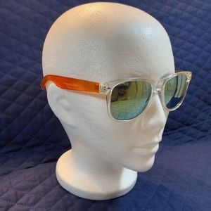 Sunglasses Clear & Orange Frames. Golden-Green Mirrored Lenses.